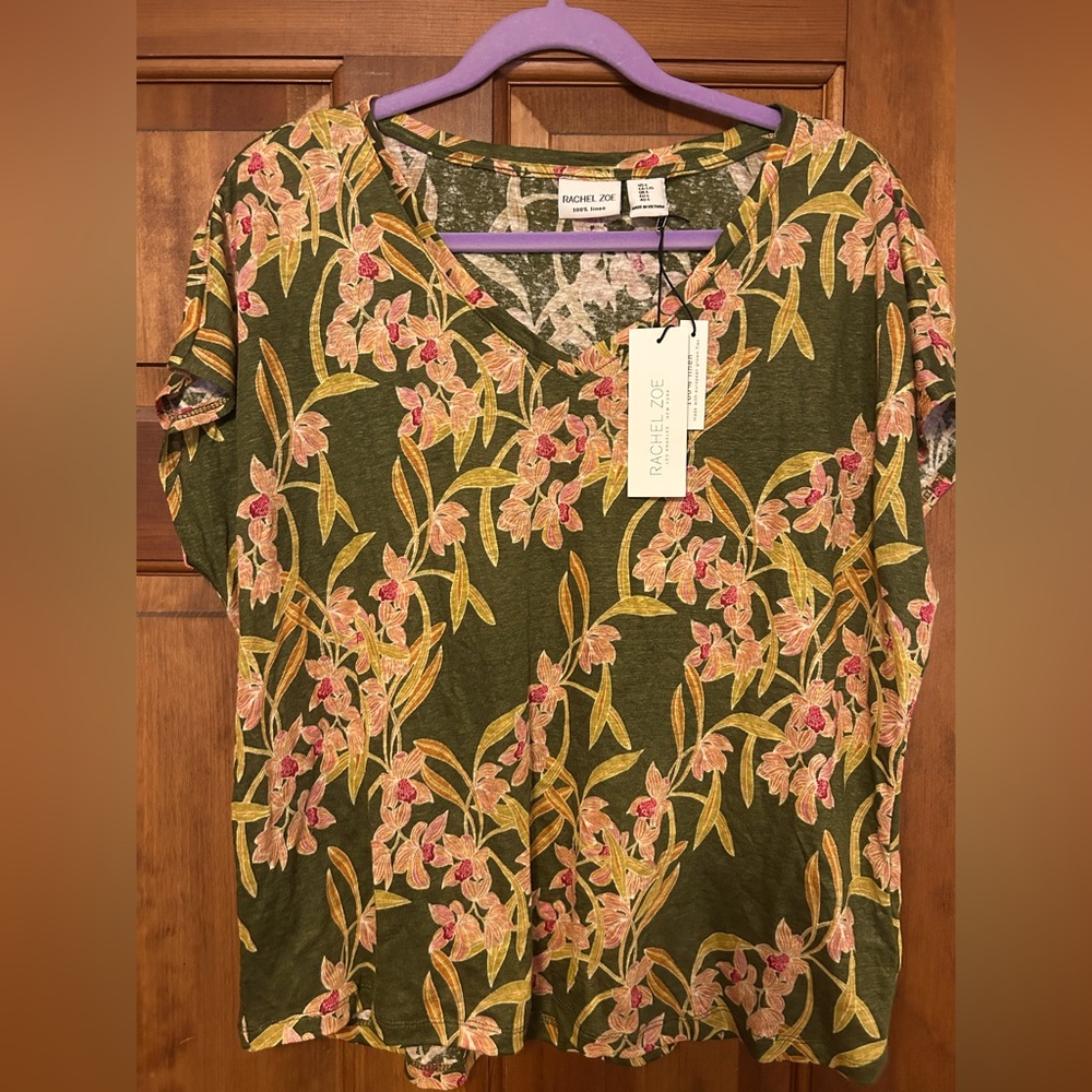 NWT Rachel Zoe 100% Linen Olive Floral Blouse